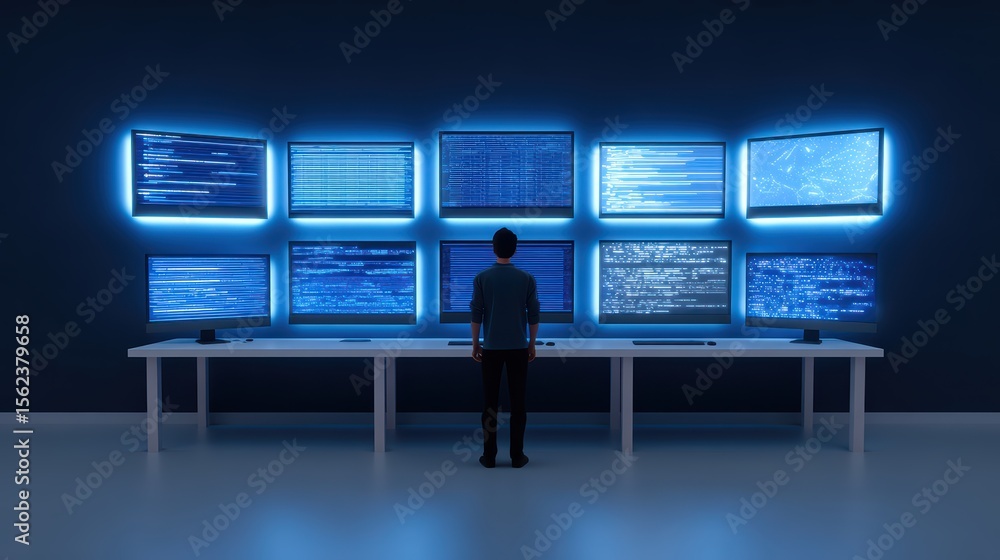 Poster individual analyzing data on multiple high-tech monitors in a dark room with neon glows and digital 
