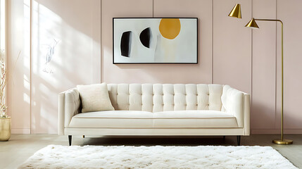 Cream sofa living room interior design with modern art and gold lamp decor