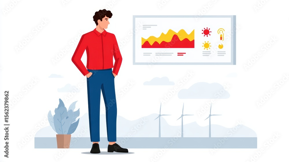 Poster businessman analyzing weather and energy data with graphs and visualizations in modern office enviro