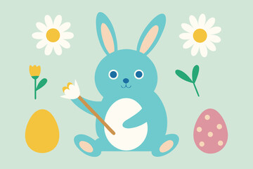 Design an Easter poster with an overhead view of a bunny creating egg art