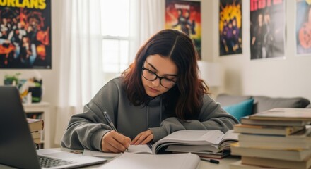 Focused teen studying at home surrounded by books and posters in cozy room