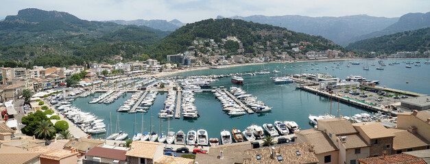 Panorama of Port de Sóller with boats and mountains Mallorca Spain 