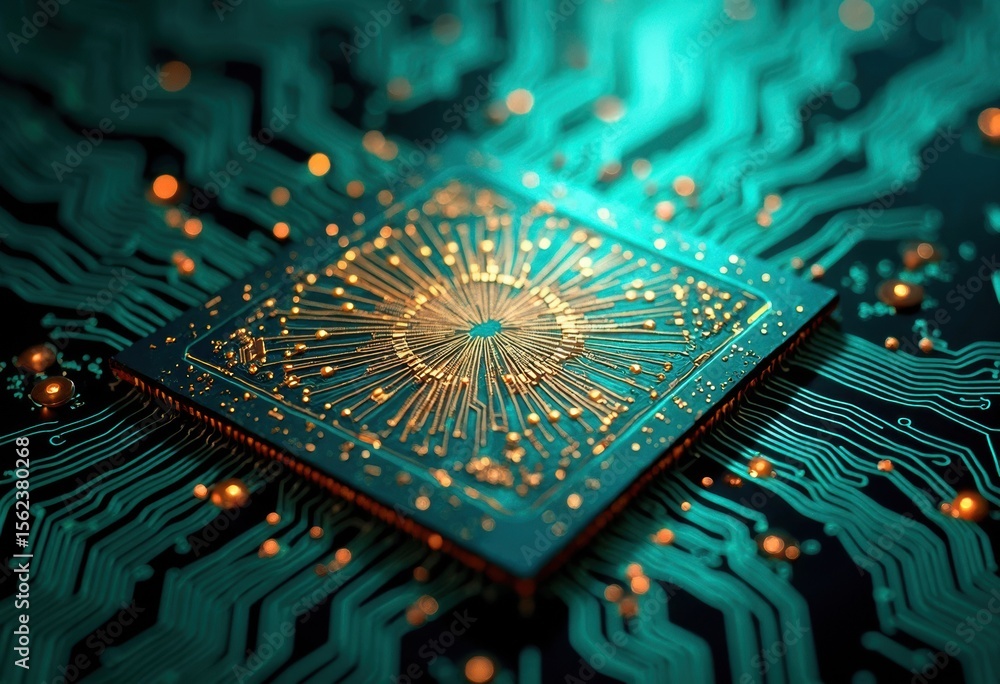 Poster Close-up of a Microchip with Intricate Circuit Patterns and Glowing Elements