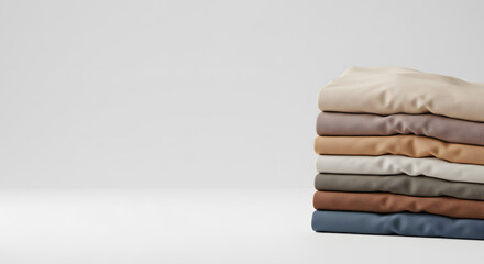 A stack of neatly folded fabric in various neutral earth-tone colors, against a white background.