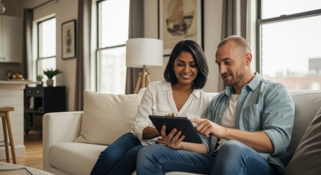 Couple relaxing at home, engaged with tablet technology in modern living room