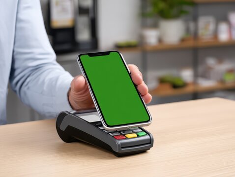 Modern Mobile Payment Technology with Smartphone Near Card Reader in Retail Environment