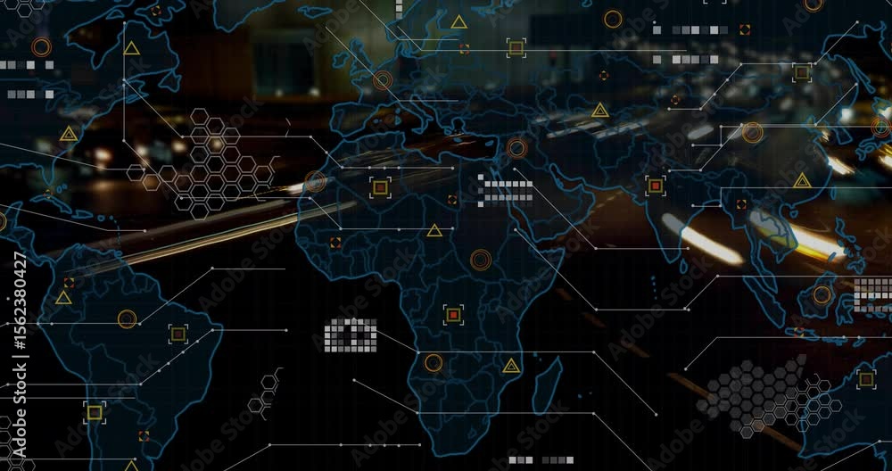 Aufkleber upon opening highway, clear world map emerging and pulsing data markers displaying traffic patterns