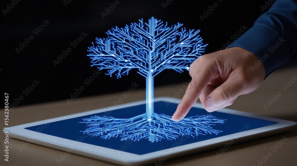 Aufkleber digital tree concept representing technology, growth and innovation with hand touching a touchscreen