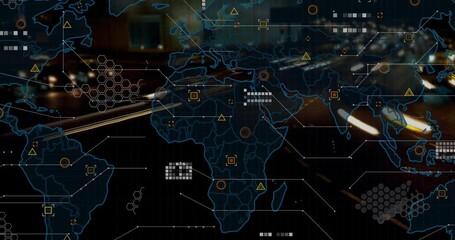 Upon opening highway, clear world map emerging and pulsing data markers displaying traffic patterns - Powered by Adobe