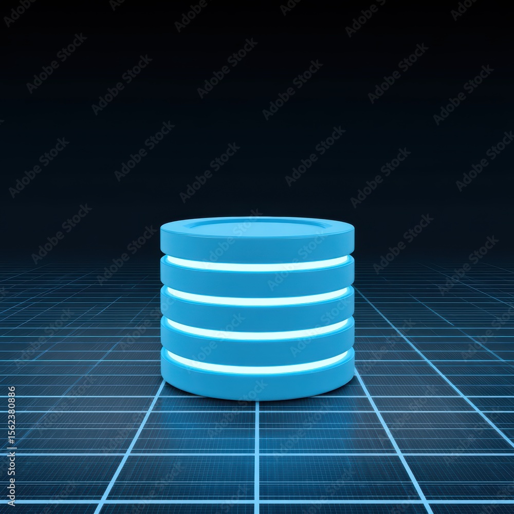 Poster abstract digital illustration of a futuristic blue data stack on a dark grid background with glowing