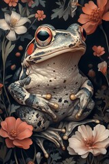 illustration of animal in vintage boho style. frog on background of plants and flowers. botanical drawing style. Postcard. notebook cover, print concept. scrapbooking wallpapers. digital art