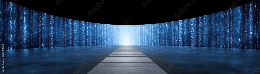 Poster futuristic digital pathway with glowing data streams leading to bright light in a dark space