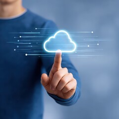 Person Interacting with Digital Cloud Icon in Technological Concept on Blurred Background