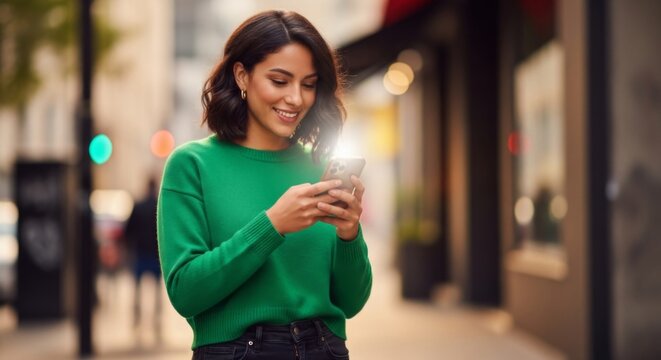 Happy young woman in green sweater using smartphone on urban street