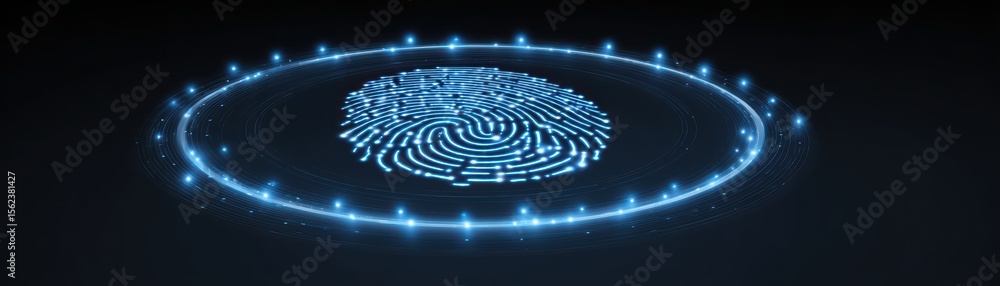 Aufkleber abstract digital fingerprint with blue glowing dots on dark background for security and technology c