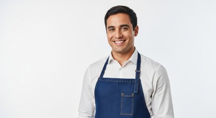 Friendly professional male wearing apron smiling in white background