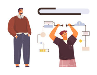 Two men interacting with progress bar, workflow elements, and technology links. Ideal for collaboration, innovative solutions, project planning, technology, teamwork, workflow management simple flat