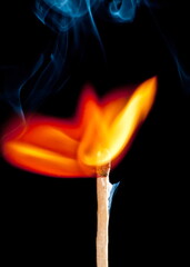 A matchstick burning with flames and smoke against a black background.