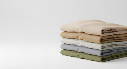 Stack of folded clothes in neutral tones, arranged neatly against a white background.