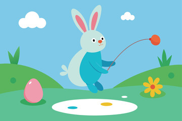 Illustrate an Easter poster with a bunny fishing for egg shaped jellybeans