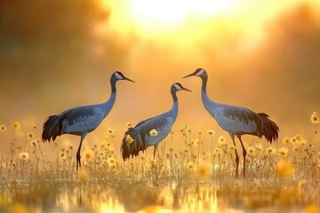 Obraz premium Common cranes walk gracefully in golden light surrounded by soft sunflowers during sunset, Three common crane Grus grus couple walks in the meadow