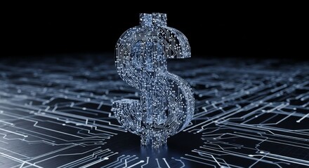 Digital currency sign with circuit pattern symbolizing modern finance technology