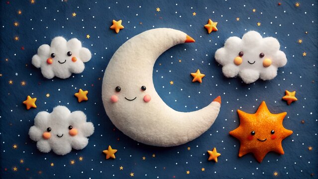 Cute smiling moon and clouds with stars on a dark blue starry night background - Powered by Adobe