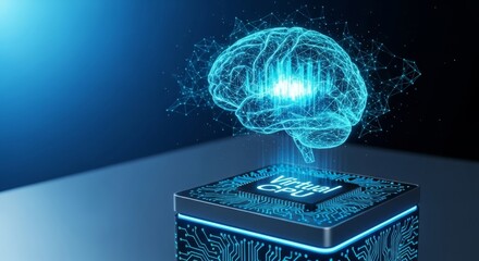 Futuristic virtual cpu with glowing brain hologram for technology innovation design