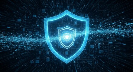Futuristic cyber security shield with digital protection, technology, and data safety concept