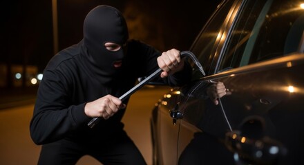 Nighttime car theft scene - criminal wearing mask and using crowbar