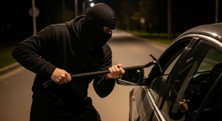 Nighttime car theft scene with masked thief using crowbar on vehicle