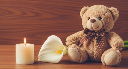 Cozy teddy bear with candle and calla lily for serenity and comfort
