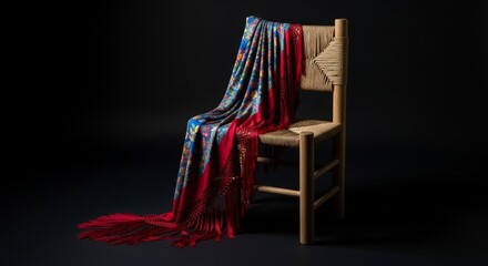 Vibrant red and patterned shawl draped over rustic wooden chair in dark setting