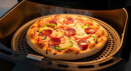 Delicious pepperoni pizza cooking in oven with melted cheese and crispy crust for culinary delight and home dining experience