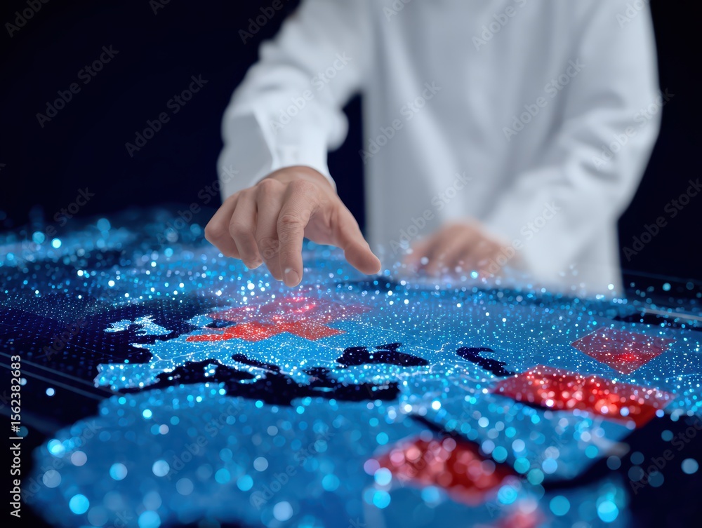 Poster digital map interaction with bright data points on european regions by a human hand in a dark enviro