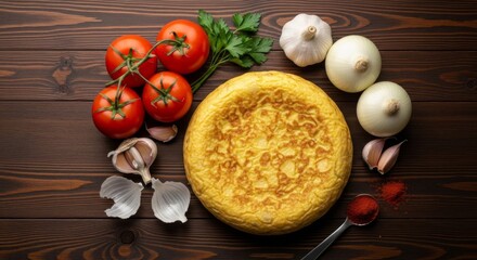 Delicious spanish omelette with fresh tomatoes, garlic, onions, and herbs on wooden background