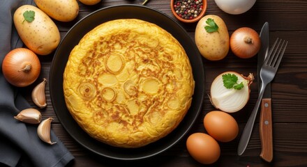 Spanish omelette with ingredients - traditional culinary art for home cooking inspiration