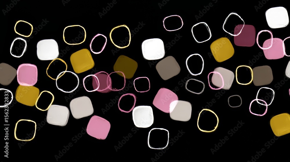 Poster colorful pattern of squares and circles. the squares are mostly white and the circles are mostly pin