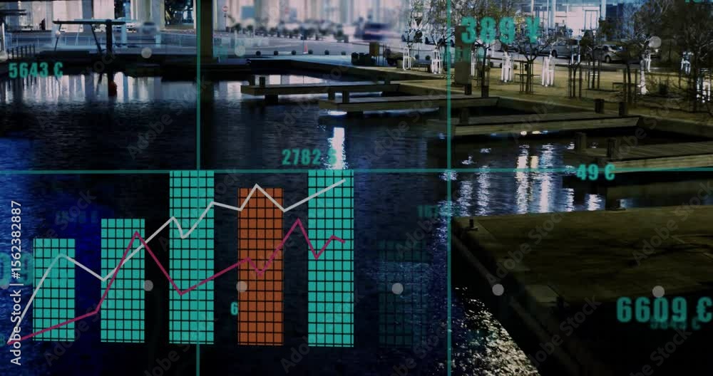 Poster numeric currency values fading in starting chart bars sprouting up visualizing market trends