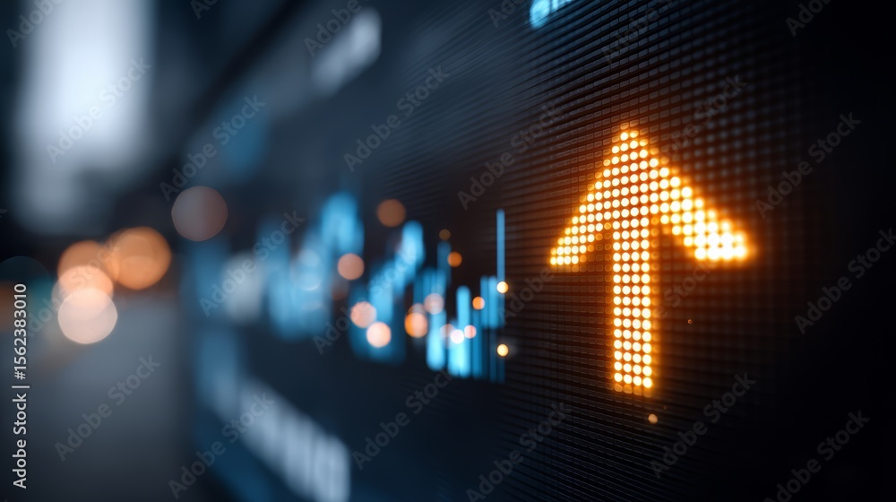 Poster digital screen with a glowing arrow pointing upwards. concept of progress and growth, as the upward 