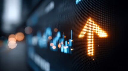 Digital screen with a glowing arrow pointing upwards. Concept of progress and growth, as the upward arrow suggests that something is moving in a positive direction