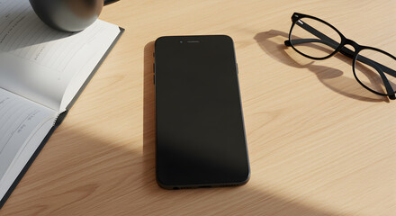 Overhead shot of a smartphone on a desk with a notebook, mug, and glasses in natural light.