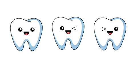 Three Cute Cartoon Teeth Characters with Happy Expressions on a White Background for Dental Health. Cute Cartoon Tooth Illustration Collection