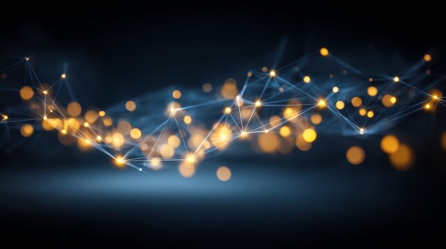 Series of lines and dots in a blue background. The lines and dots are connected and appear to be moving. The image has a futuristic and abstract feel to it