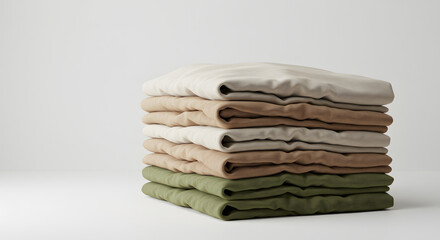 Stack of folded t-shirts in various muted colors against a plain background.