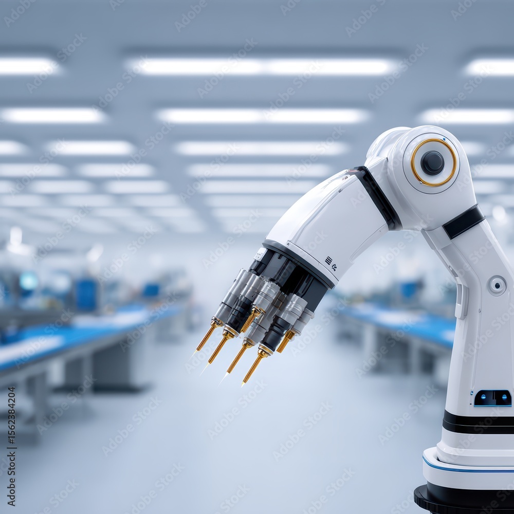 Poster advanced industrial robot arm in modern factory setting with bright lighting and clean workspace