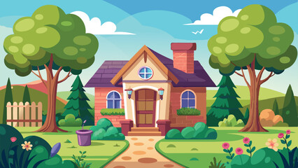 Cartoon Illustration of a Brick House with Garden and Trees Landscape Scene