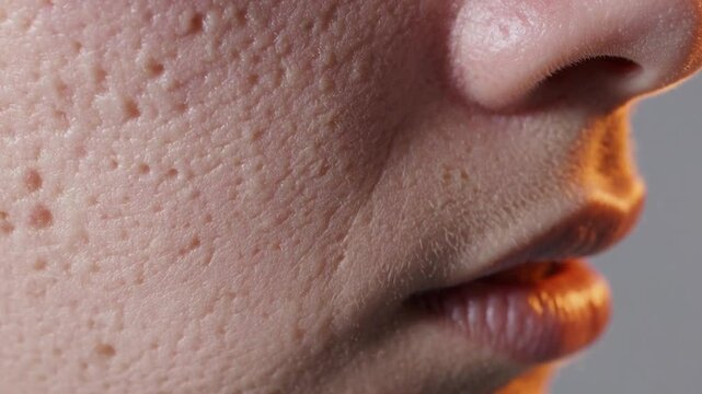 Skin Imperfections Close-Up: Close-up portrait showcases skin imperfections, highlighting the textured surface and the effects of aging and environmental factors.