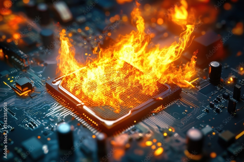 Poster energy flows from cpu into motherboard with flames symbolizing high performance and intensity, energ