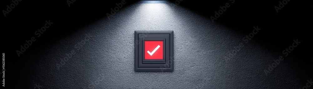 Poster modern red checkmark button on gray wall with spotlight illuminating the square shape in a minimalis